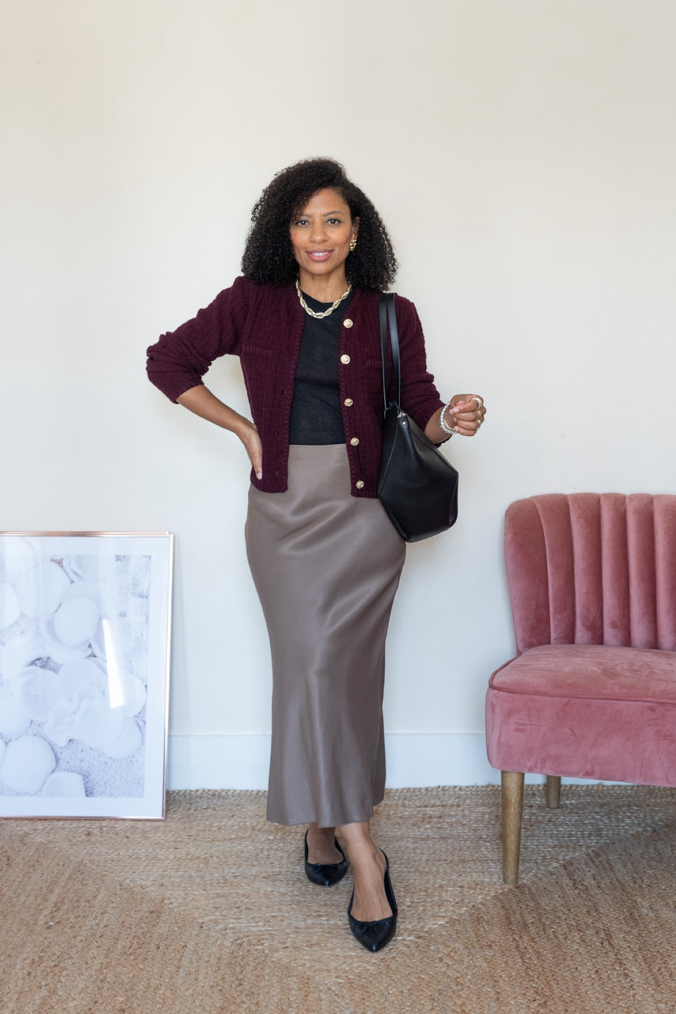 Autumn outfit consisting of burgundy cardigan, merino wool t-shirt, satin skirt and ballet flats. I love this outfit as an early autumn look. You can wear it as a workwear look. 

Petite fashion
Petite style 



#LTKuk #LTKautumn #LTKstyletip