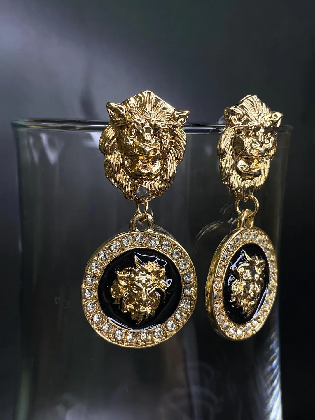 Gold Lion Head Drop Earrings: Black Enamel Rhinestone Statement Jewelry - Etsy | Etsy (US)