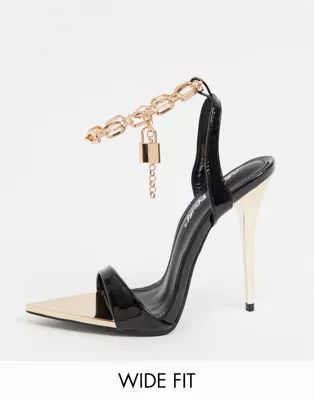 Public Desire Wide Fit Triumph heeled sandals with padlock anklet in black | ASOS (Global)