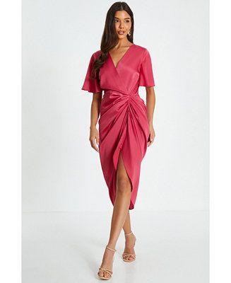 QUIZ Women's Satin Ruched Detail Midi Wrap Dress - Macy's | Macy's