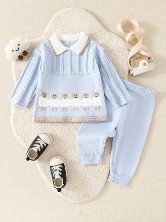SHEIN Baby Boy/Girl 2pcs Knitted Sweater And Pants Set, Blue, Casual, Cute, All-Match, Versatile,... | SHEIN