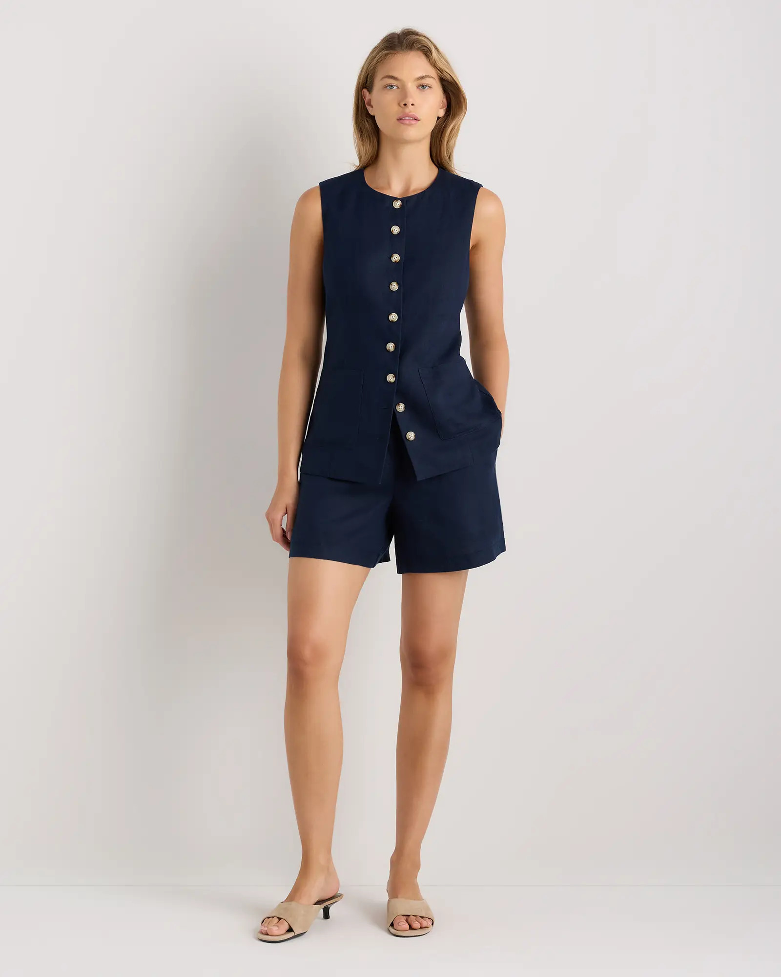 100% European Linen Longline Vest in Deep Navy | Quince