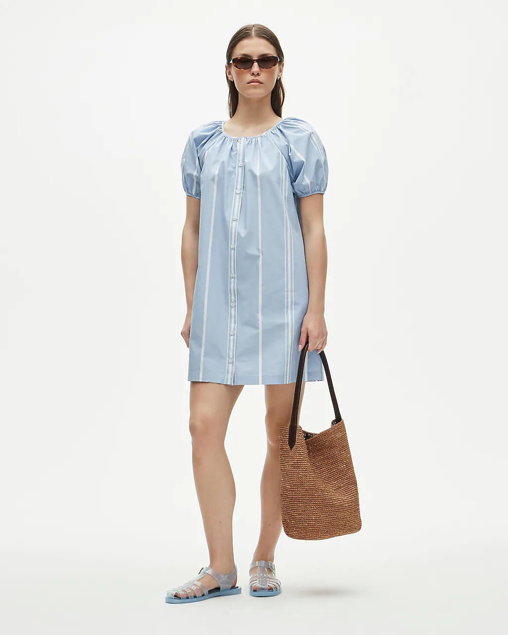 Puff-sleeve popover dress in striped cotton poplin | J. Crew US
