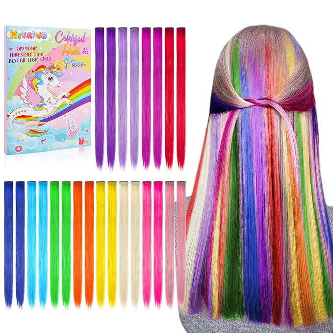 Christmas Gift Stocking Stuffers for Girl Toy 24PC Colored Clip in Hair Extension Age 4 5 6 7 8-1... | Amazon (US)