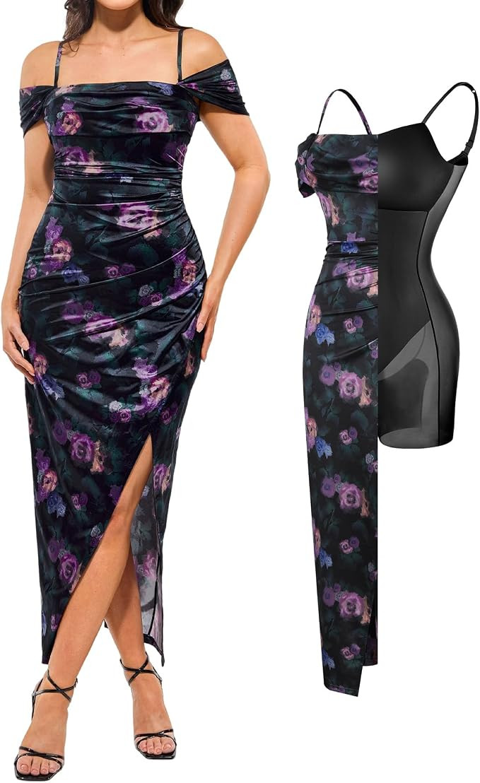 Popilush Wedding Guest Dresses for Women Off Shoulder Shapewear Maxi Dress | Built-In Shapewear M... | Amazon (US)