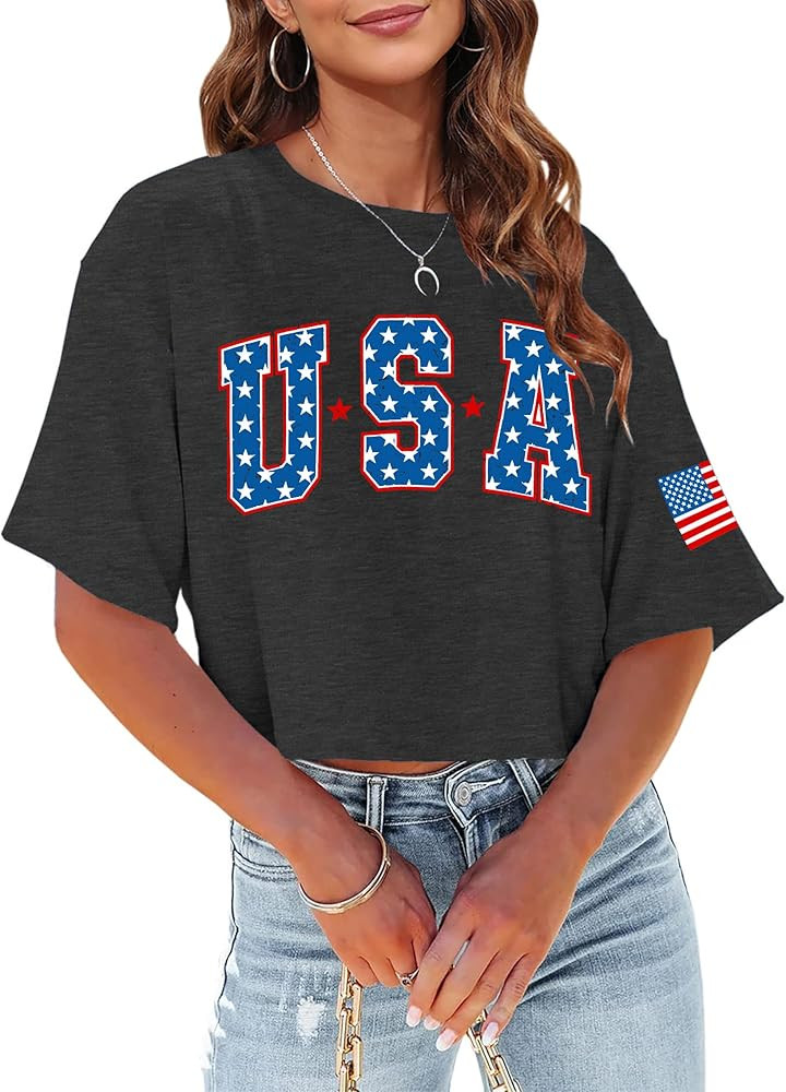 hohololo American Flag Crop Tops Women USA Crop Shirt Patriotic 4th of July Tee Memorial Day Tshi... | Amazon (US)
