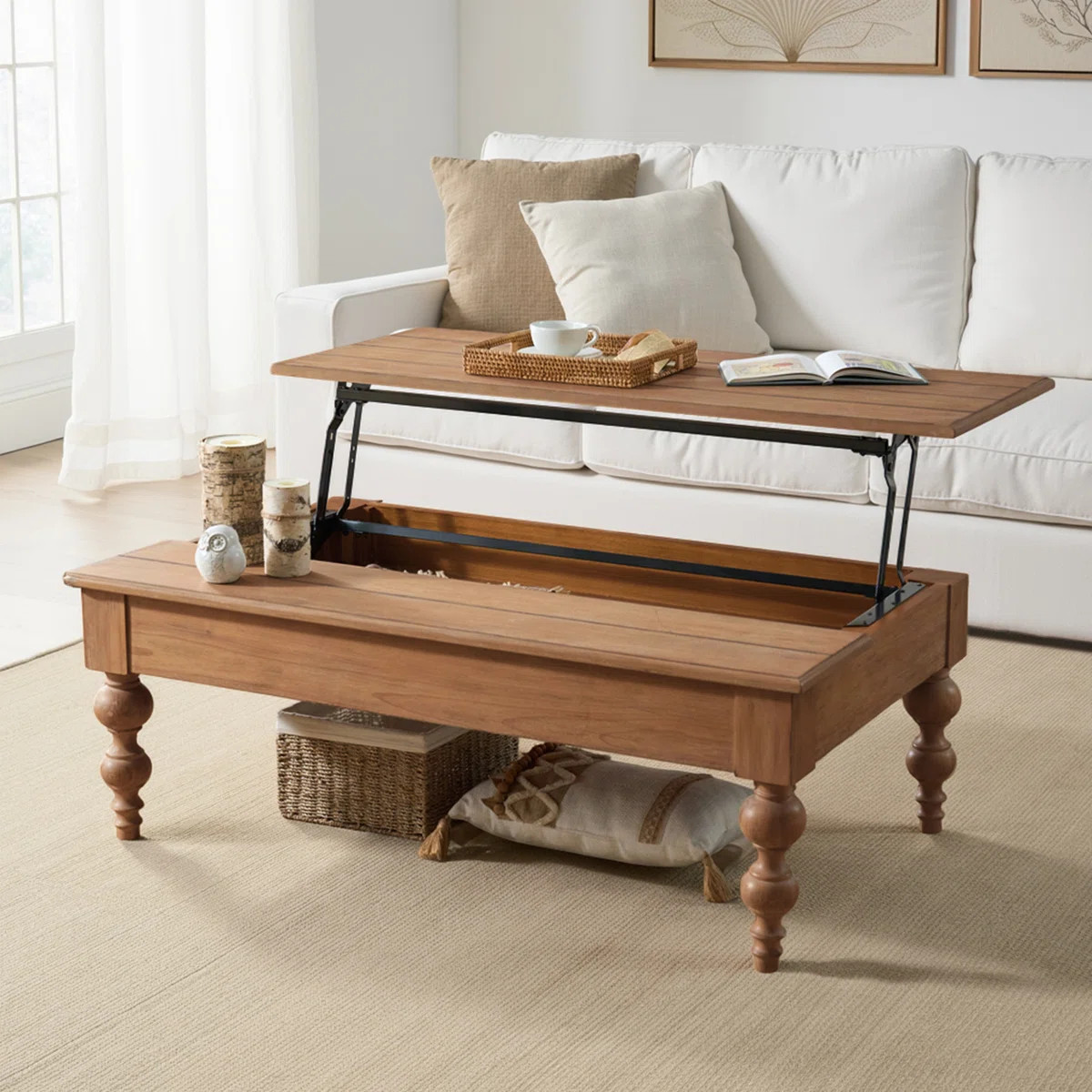 Aristidh 52"W Farmhouse Solid Wood Base Rectangular Lift Top Coffee Table with Storage Shelf | Wayfair North America