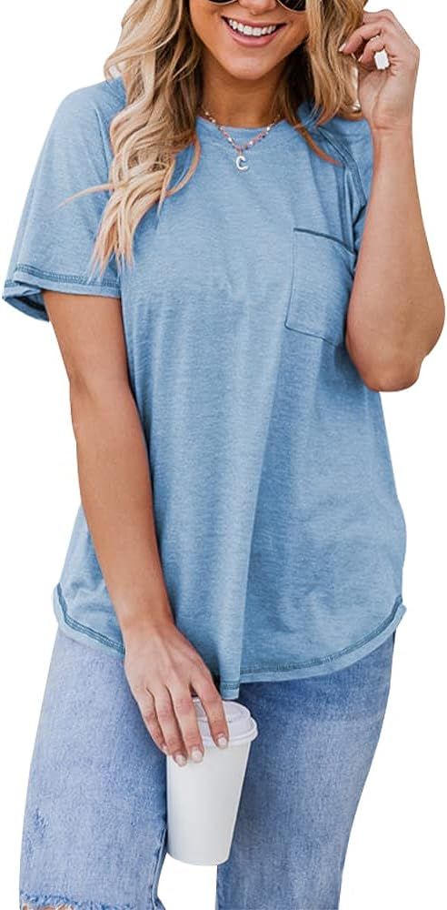 MIRALUNA Women's Summer Crewneck T-Shirt Casual Loose Short Sleeve Tops Raglan Pocket Basic Tunic Te | Amazon (US)