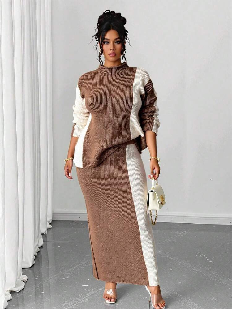 Elenzga Plus Size Autumn/Winter Casual Colorblock Patchwork Knit Top & Skirt Set | SHEIN