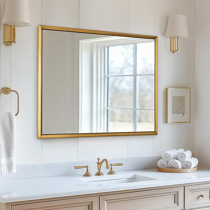ANDY STAR Gold Bathroom Mirror 30x40 Inch, Brushed Brass Vanity Mirror, Bathroom Rectangle Mirror... | Amazon (US)