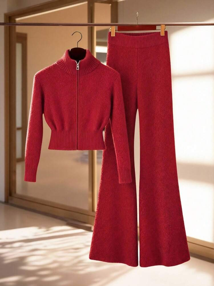 Franclia Women's Winter Elegant Solid Red Festive Christmas And New Year Ribbed Half-High Collar Straight Shoulder Fit Waist Long Sleeve Zipper Cardigan Knitted Top Cardigan With Elastic Waist Flared Slim Trousers Knitted Sweater Two-Piece Sweater Set Christmas Pajamas Winter Winter Clothes Winter Clothes For Women Fall Clothes For Women Autumn Fall Autumn Clothes Fall Outfits For Women New Year New Year Outfit Thanksgiving Outfit For Women Party Wedding Elegant Casual LuxuryChristmas New Year Party Graduation Ball Cosplay New Year Going Out Tops For Women Graduation Elegant Fashionable Casual Commuting Business Office Daily Leisure All-Match Temperament Urban Teacher Professional Attire | SHEIN