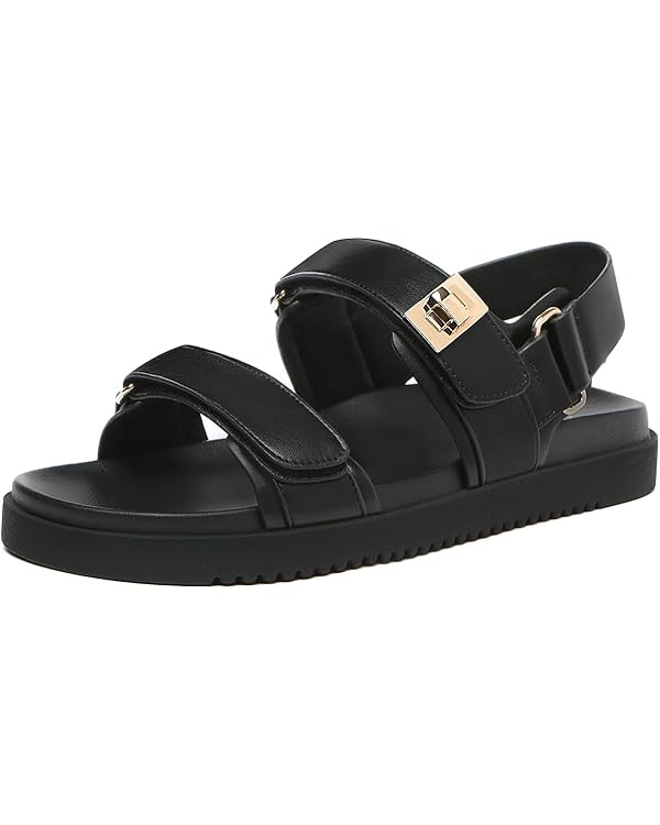 Rihero Women's Flat Sandals Comfort Adjustable Double Strap Slip on Leather Footbed Sandals | Amazon (US)