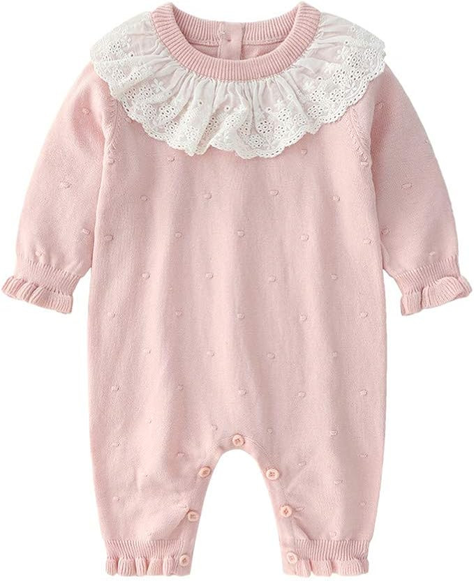 Infant Baby Girls Knit Sweater Romper Princess Ruffles Collar Outfits Jumper Longsleeve Thick One... | Amazon (US)