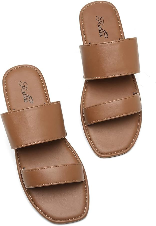 katliu Women's Flat Sandals Two Strap Slide Sandals Open Toe | Amazon (US)