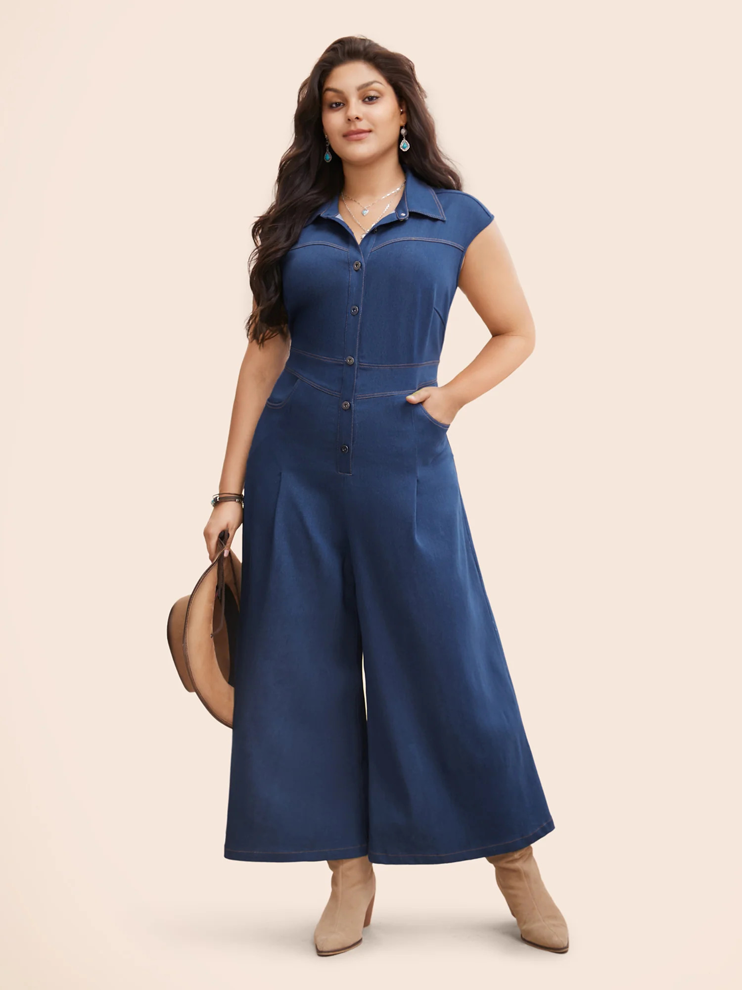 Stretch Denim Seamed Flare Jumpsuit | Bloomchic