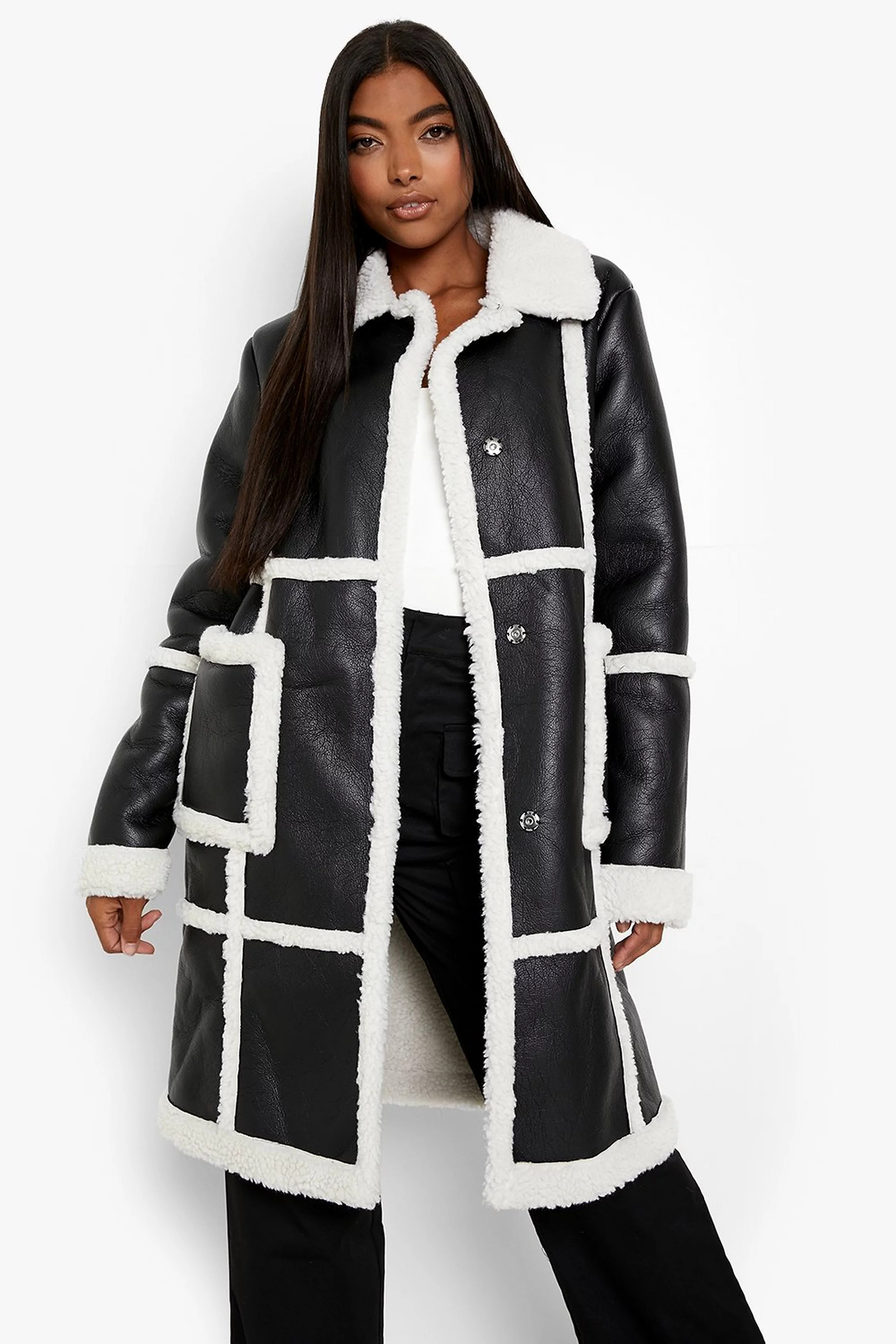 Tall Faux Fur Trim Bonded Longline Aviator | Boohoo.com (US & CA)