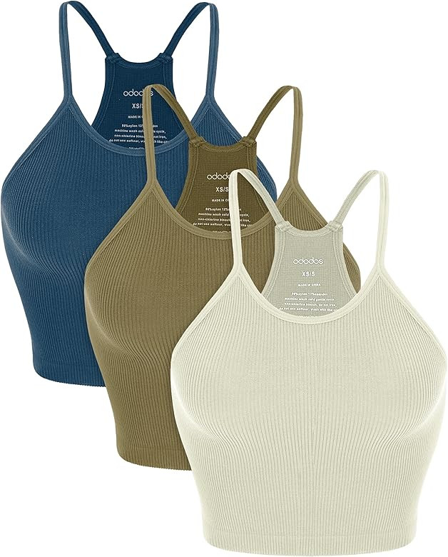 ODODOS Women's Crop 3-Pack Washed Seamless Rib-Knit Camisole Crop Tank Tops | Amazon (US)