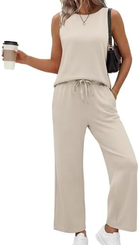 SAMPEEL Two Piece Sets for Women Summer Outfits Beach Vacation Clothes Wide Leg Crop Pants | Amazon (US)