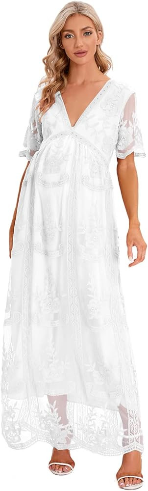 ZIUMUDY Maternity Floral Lace V Neck Wedding Dress Short Sleeve Maternity Long Dress for Photosho... | Amazon (US)