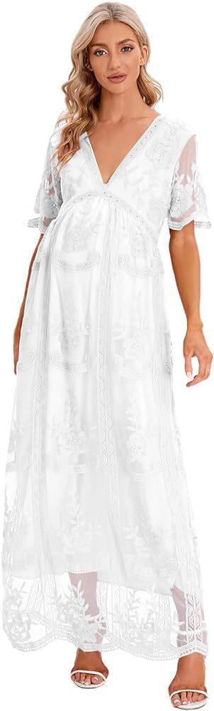 ZIUMUDY Maternity Floral Lace V Neck Wedding Dress Short Sleeve Maternity Long Dress for Photosho... | Amazon (US)