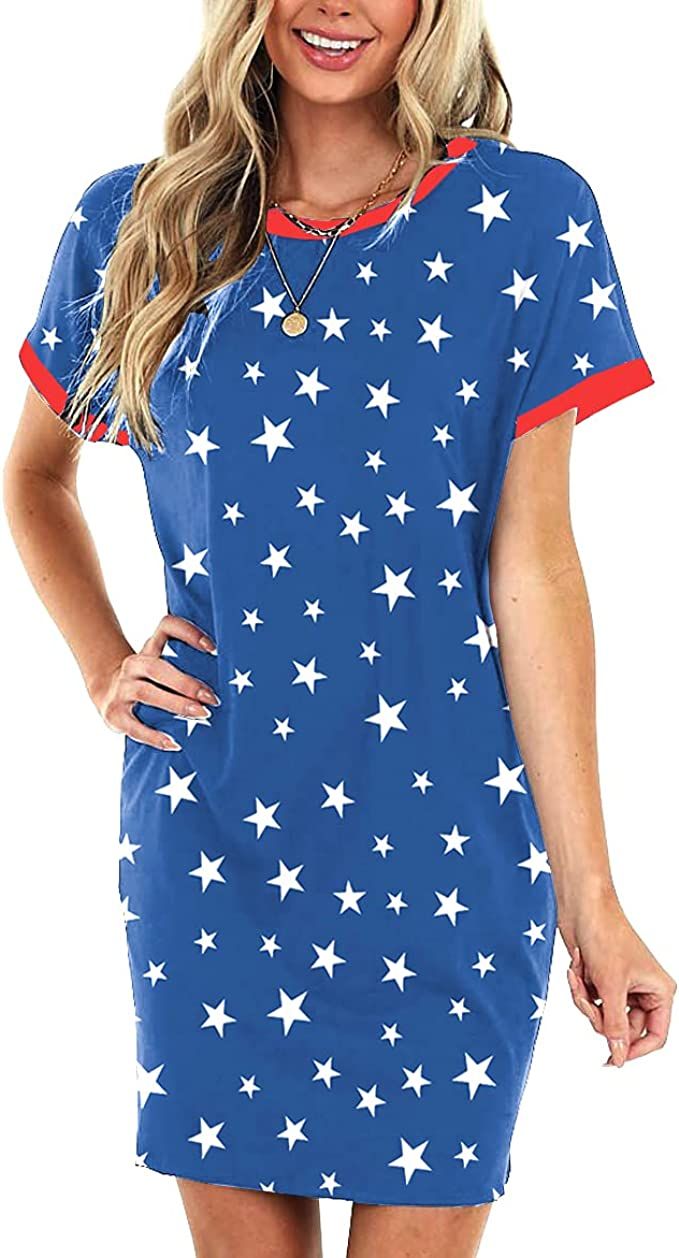 Deerose July 4th Womens Dresses USA Flag Memorial Day T Shirt Dress with Pockets | Amazon (US)