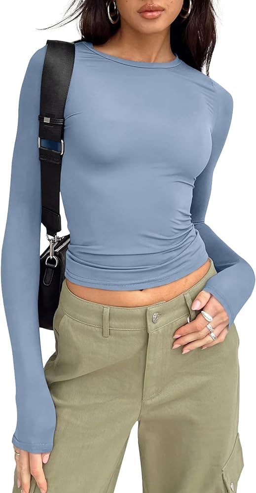 Trendy Queen Womens Long Sleeve Shirts Fall Fashion 2023 Crop Tops Basic Layering Workout Slim Fi... | Amazon (US)