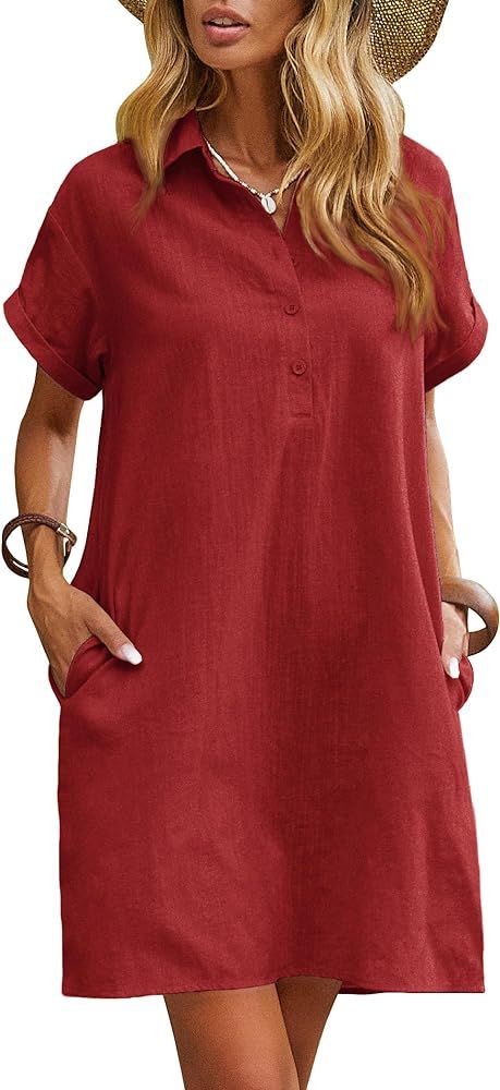 Zeagoo Womens Cotton Shirt Dress Summer Casual Short Sleeve Button Down Beach Cover Up Shirts wit... | Amazon (US)