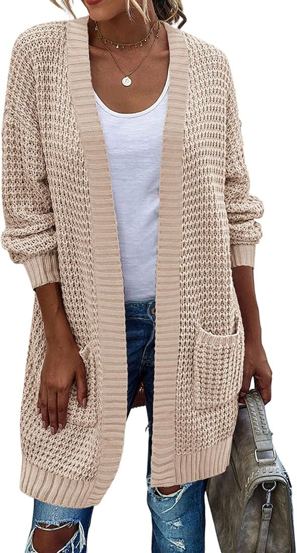 Zeagoo Women's 2023 Fall Open Front Cardigan Long Batwing Sleeve Chunky Knit Sweater Loose Outerw... | Amazon (US)