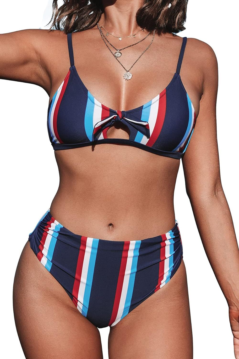 CUPSHE Women's Stripe Bikini Bowknot Shirred Swimsuit | Amazon (US)