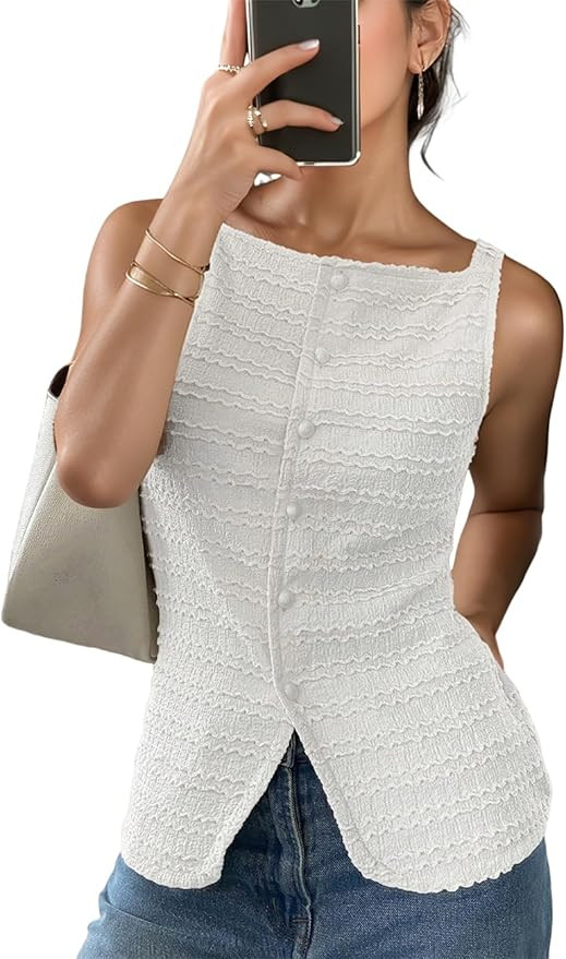 Summer Cute Tops for Women Y2k Going Out Button Down Crop Top Casual Asymmetrical Slim Fit Textur... | Amazon (US)