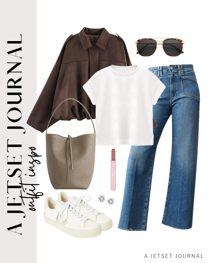If you are pairing this dark brown bomber jacket with a PRETTYGARDEN tee and jeans from Astylish, you can wear a pair of Veja Campo sneakers. This fit pairs perfectly with this genuine leather bucket bag from befen and SOJOS polarized sunnies. 

 #LTKSeasonal #LTKSaleAlert #LTKTravel