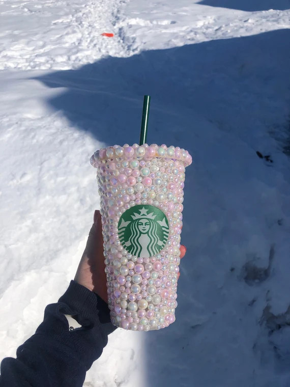 24 oz handmade pink and white pearl bling starbucks cup | Etsy (US)