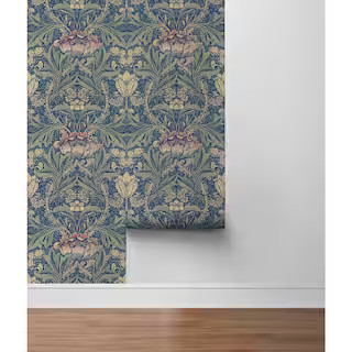 NextWall 30.75 sq. ft. Denim Blue & Salmon Morris Flower Vinyl Peel and Stick Wallpaper Roll-NW41... | The Home Depot