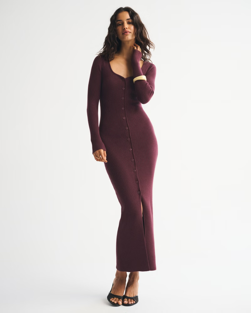 Long-Sleeve Button-Through Maxi Sweater Dress | Abercrombie & Fitch (US)
