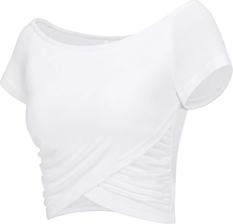 Missufe Women's Off Shoulder Cross Wrap Short Sleeve Shirt Crop Tops | Amazon (US)