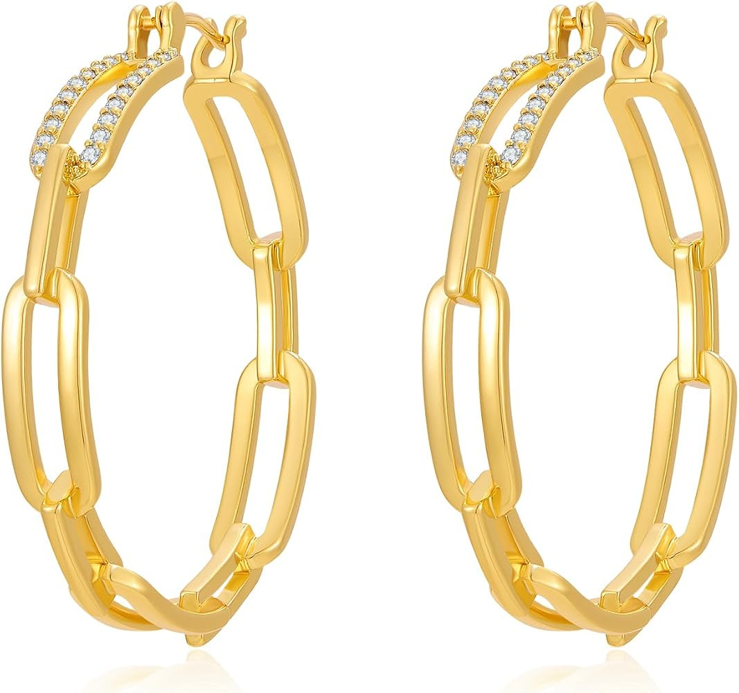 Gold Hoop Earrings for Women 14K Gold Plated Chunky Paperclip Chain Link Big Hoops with Cubic Zir... | Amazon (US)