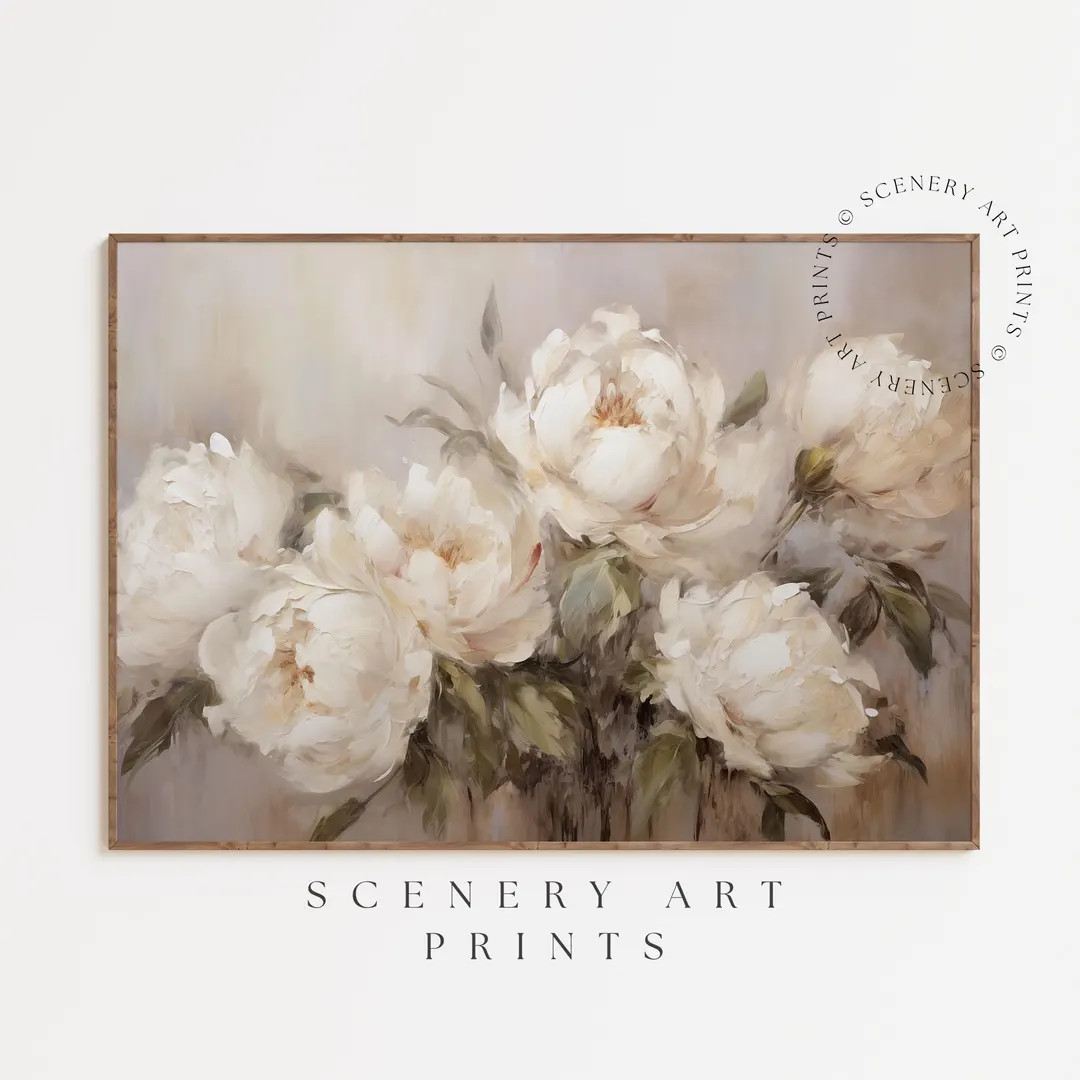 PRINTABLE Antique White Peonies Wall Art - Vintage Still Life Flowers Oil Painting - Rustic Neutr... | Etsy (US)