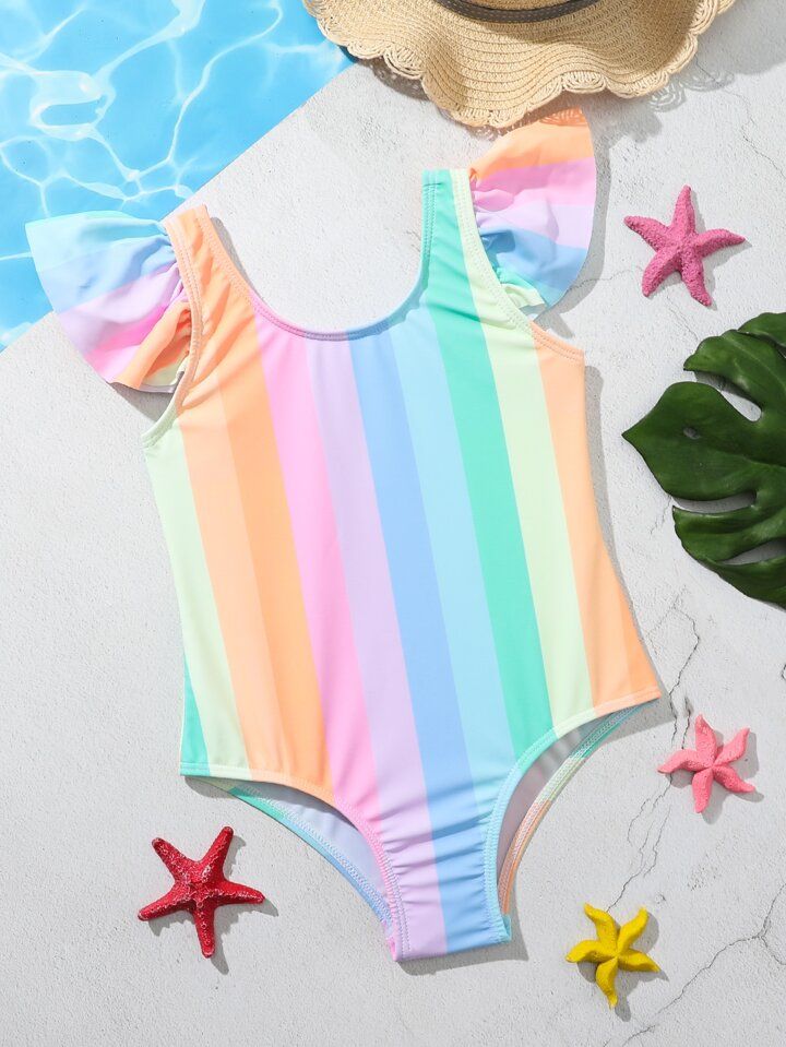 Young Girl 1pack Rainbow Striped Ruffle Trim One Piece Swimsuit | SHEIN