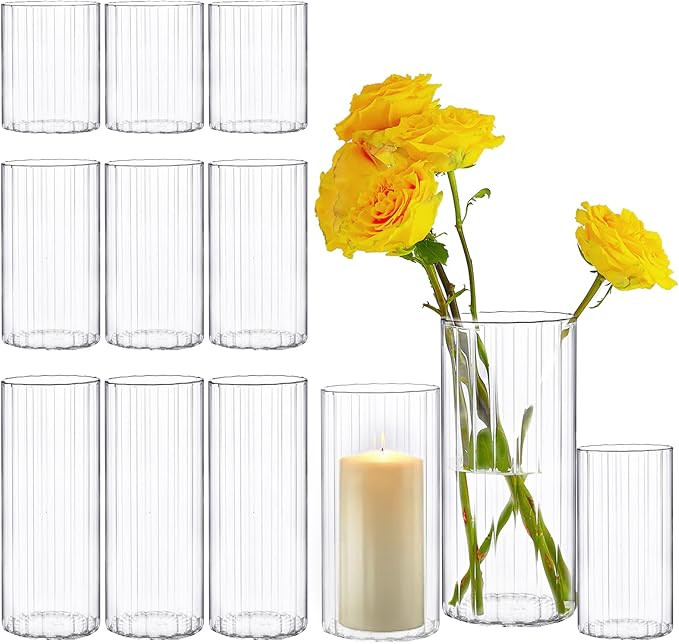 PHOSPHOR 9 Pcs Ribbed Candle Holders Glass Hurricane Candle Holder for Pillar Candle 6'', 8'', 10... | Amazon (US)