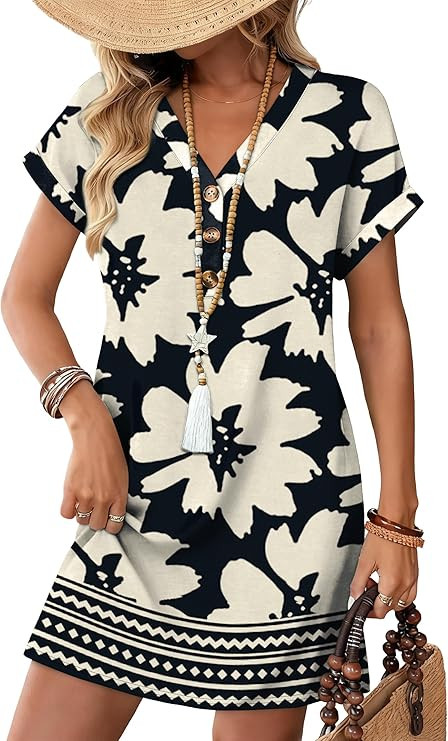 WIHOLL Summer Dresses for Women with Sleeves Midi Dress Button Down Beach Vacation Casual Dresses... | Amazon (US)