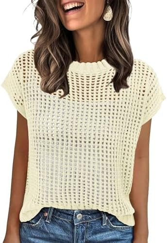 ANRABESS Women’s Tops 2026 Trendy Summer Shirts Crochet Cap Sleeve Knitted Sweater Spring Beach... | Amazon (US)