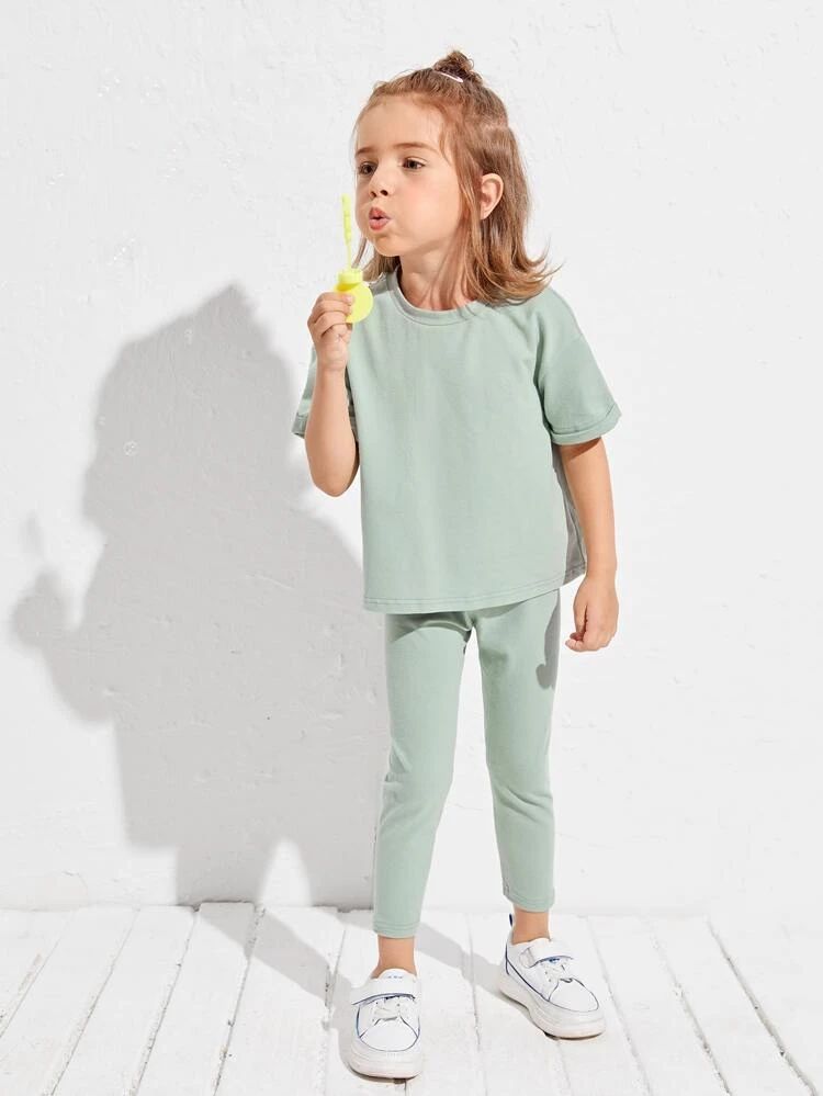SHEIN BASICS Toddler Girls Solid Roll Up Sleeve Tee & Leggings Set | SHEIN