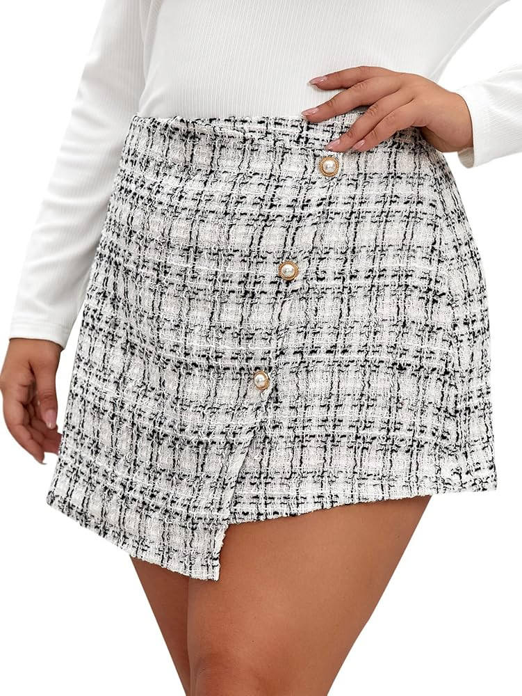 WDIRARA Women's Plus Size High Waisted Plaid Print Wrap Hem Button Front Tweed Mini Skirt | Amazon (US)