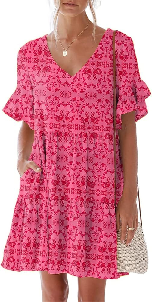 nclook Women's Summer Casual Dress Sweet & Cute V-Neck Mini Dress with Pocket Short Sleevele Ruff... | Amazon (US)