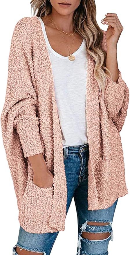 Prinbara Womens Open Front Fuzzy Cardigan Sweaters Batwing Sleeve Lightweight Popcorn Loose Knit ... | Amazon (US)