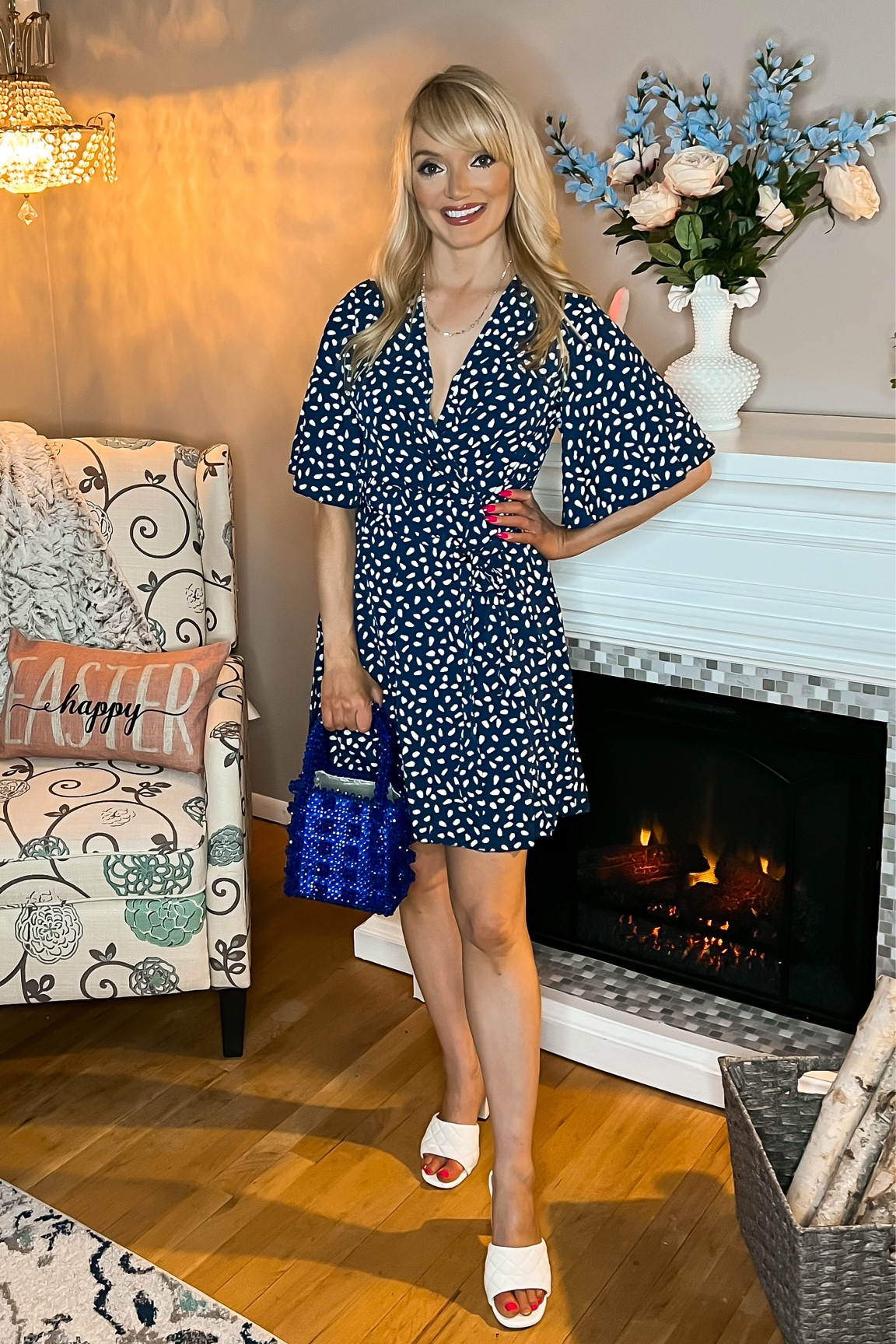 Navy blue and white speckled dress - white quilted block heel pumps - blue beaded bag - Easter dress - Easter outfit - spring outfit - spring dress - work dress - Amazon Fashion - Amazon Finds 

#LTKSeasonal #LTKunder50 #LTKworkwear