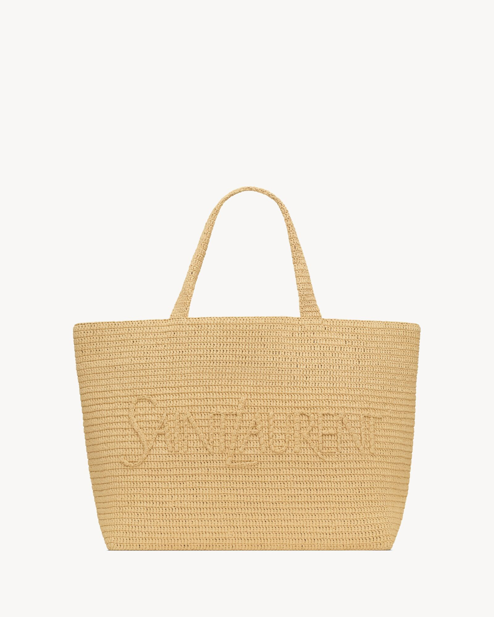 spacious tote bag made with handcrafted raffia crochet, featuring an embroidered SAINT LAURENT si... | Saint Laurent Inc. (Global)