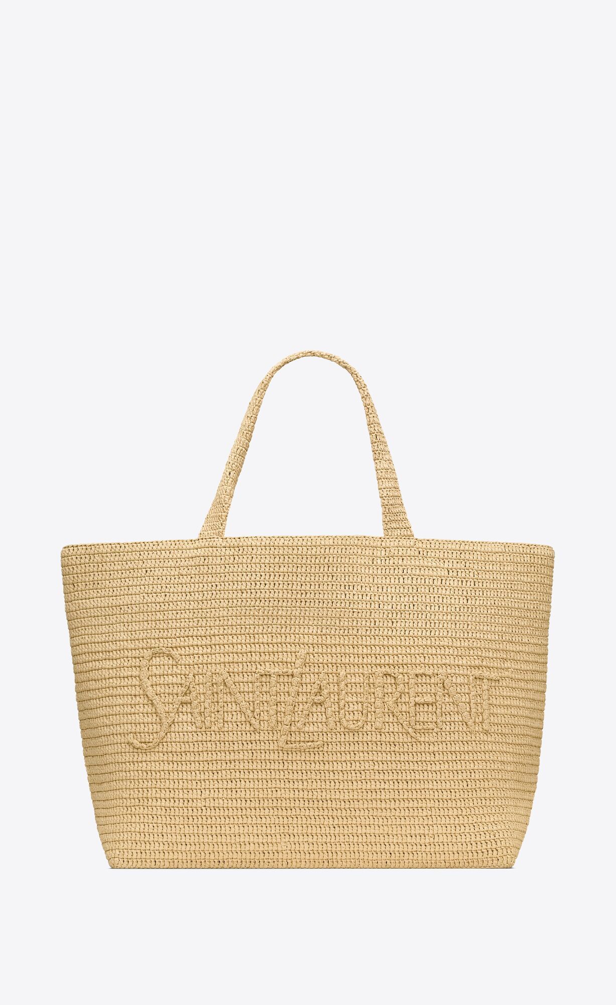 spacious tote bag made with handcrafted raffia crochet, featuring an embroidered SAINT LAURENT si... | Saint Laurent Inc. (Global)