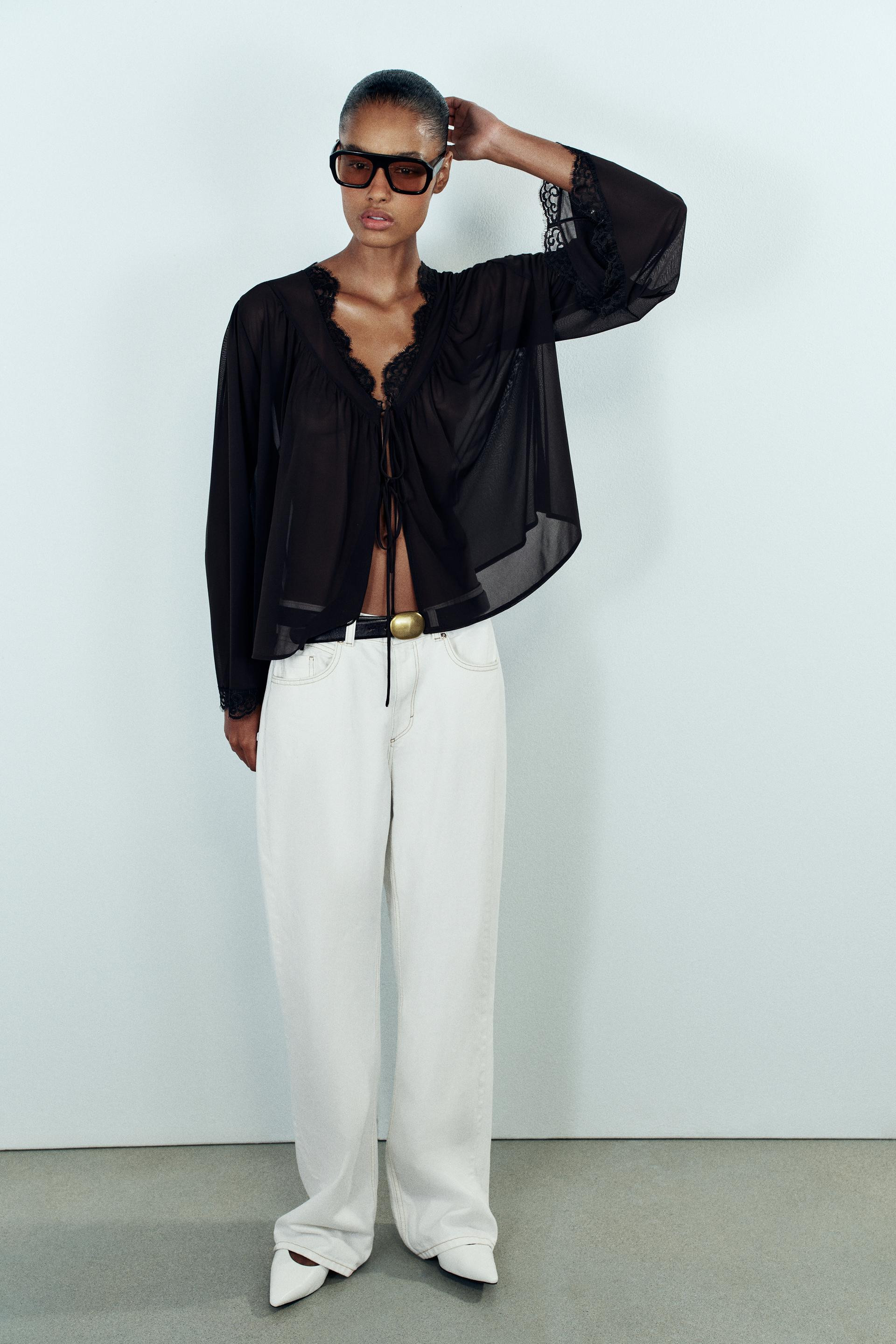 Zara - Lace Tie-Front Blouse - Black - S - Woman | Zara US