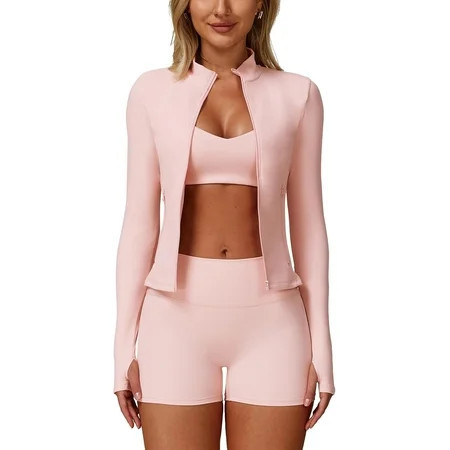 PISONIC 3 Piece Workout Sets for Women Zipper Long Sleeve Jacket Y Back Sports Bra High Waist Shorts Yoga Gym Sets | Walmart (US)